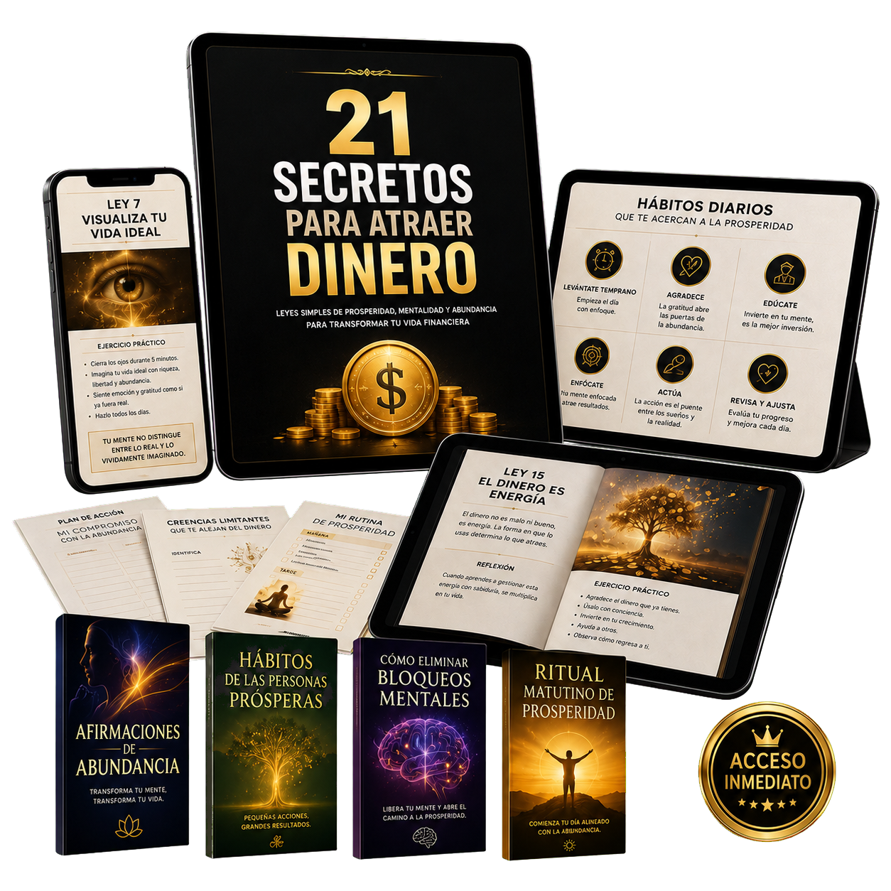 Mockup del ebook y materiales de 21 Secretos para Atraer Dinero en tablet, celular y libretas