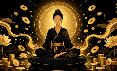 Visualización y afirmaciones — figura en meditación rodeada de monedas doradas
