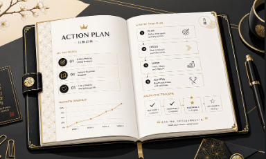 Plan de acción — libreta con plan de acción y gráfico de progreso